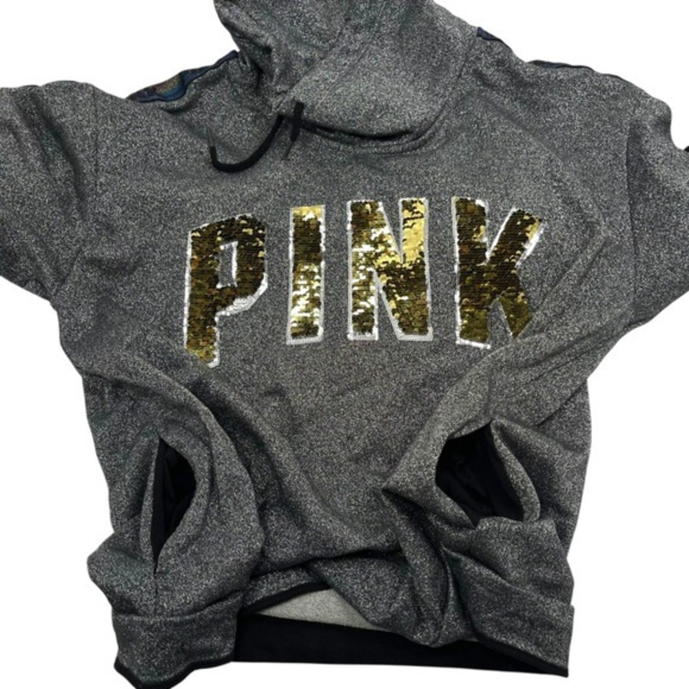 Victoria's Secret PINK Logo Sequin Bling Campus Cowl Neck Sweatshirt Rainbow XL - Picture 8 of 13